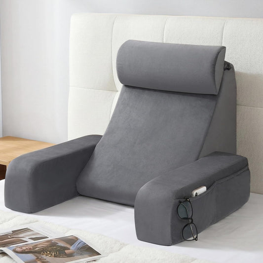 ENITYA 19" Back Support Pillow,Reading Pillow with Attached Arms & Large Pockets, Removable Washable Cover, Wedge for Sitting,Reclining,Watching TV,Post Surgery in Bed,Couch or Floor,Medium Firm,Grey
