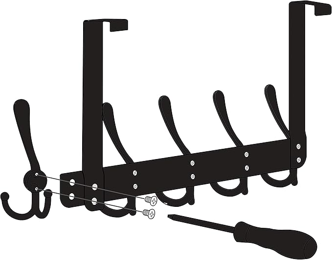 SKOLOO Over The Door Hook - for Doors up to 1-3/4'' Thickness, Metal Door Hanger with 5 Triple Hooks, Bronze Over The Door Hanger for Coats, Hats, Towels, Assembly Required