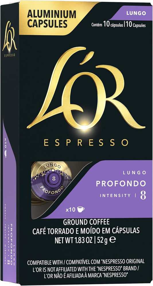 L'OR Espresso Capsules, 10 Count Profondo Lungo, Single-Serve Aluminum Coffee Capsules Compatible with the L'OR BARISTA System & *Nespresso Original Machines, 10 Count (Pack of 1)