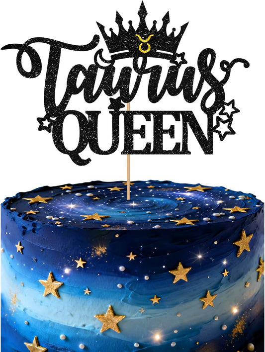Taurus Queen Cake Topper, Black Glitter Taurus Birthday Cake Topper for Women, 12 Constellation Themed Cake Decor for Astrology Birthday Party Supplies