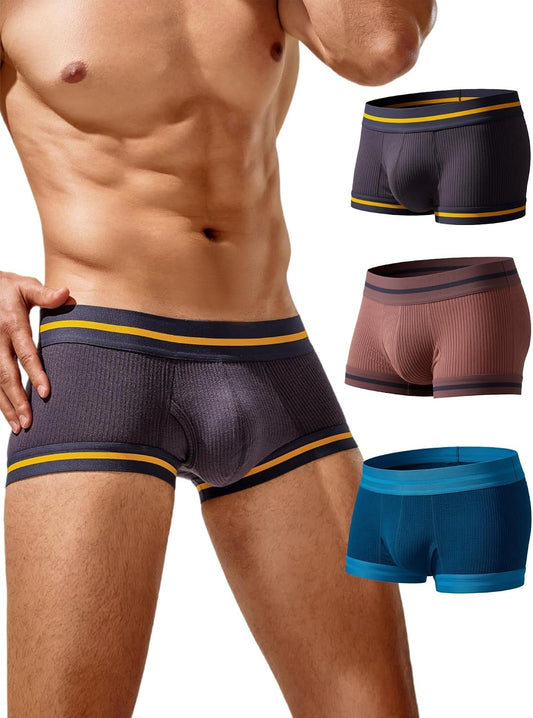 Mens Underwear Soft Ribbed Cotton Boxer Briefs for Men Low Rise Breathable Stretchy Comfort Pouch