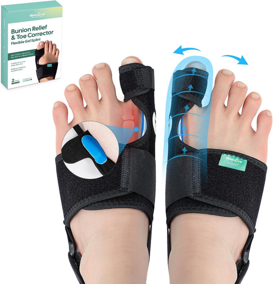 Welnove Bunion Corrector - Orthopedic Bunion Splint - Big Toe Separator Pain Relief for Women & Men - Bunion Correction Toe Straightener with Non-slip Strap, Day Night Support (Black, 2 Count)