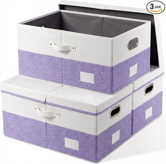 PRANDOM Storage Bins with Lids [3-Pack] Linen Fabric Foldable Storage Boxes Organizer Containers Baskets Cube with Cover for Bedroom Closet Office White&Purple (23.4X15.9X11.4)