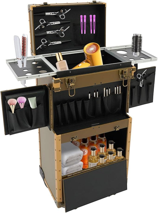Hair Case,Hair Tool Organiser,Professional Barber Supplies Case,Hairdressing Tool Storage Case,Hair Makeup Salon Organizer with Wheels and Password Locks,Mother's Day Gift (Gold)