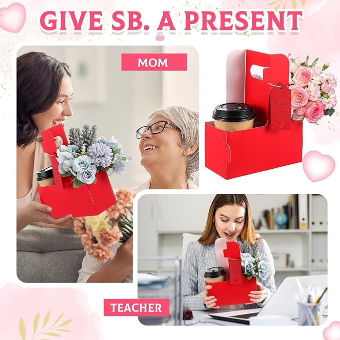 MotiMind 50 Pack Mother's Day 2 Cup Drink Carrier with Handle, Kraft Paperboard Teacher Cup Holder Portable for Hot Cold Drinks, Coffee Carrier Gift with Heart Card Rope (Red)