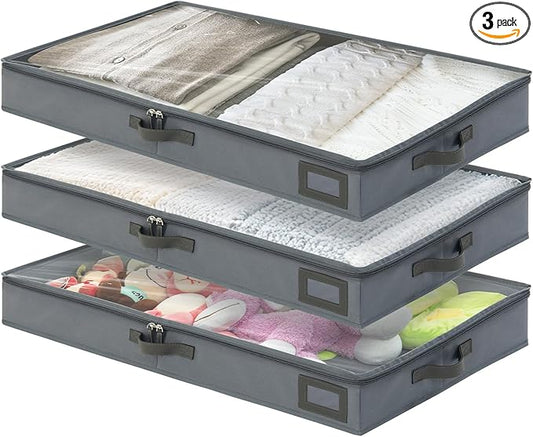 4-Inch Under Bed Storage Containers (3-Pack) | Sturdy Sidewalls | Clear Cover & Label Holder | Underbed Organizer for Crib/Couch | Stores Clothing/Blankets/Wrapping Paper/Toys