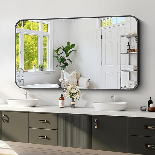 Koonmi Black Framed Bathroom Mirror - 30x55 Inch Shatterproof Tempered Glass Vanity Mirror for Bathroom Sink, Wall Mounted with Matte Aluminum Alloy Frame, No Distortion, Modern Decor