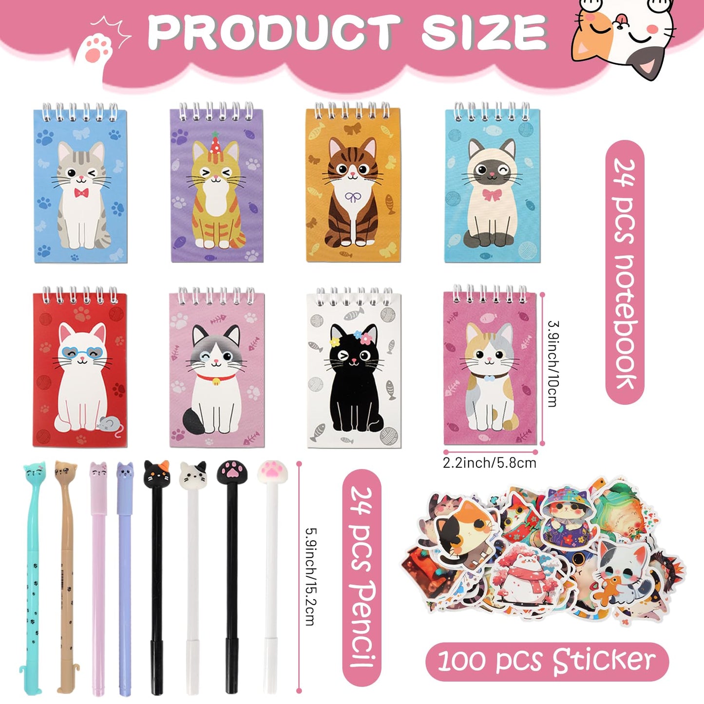UJSGGA 148 Pcs Cat Animal Party Favors Bulk Cat Mini Spiral Notepads Cat Pens Stickers Set for PET Birthday Party Classroom School Reward Gift Prizes Goodie Bags Stuffers