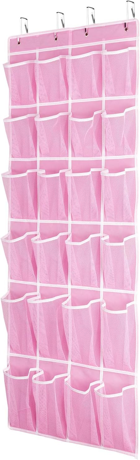 Hanging Shoe Organizer, Over The Door Shoe Organizer with 24 Breathable Mesh Pockets for Men Women Kids Hanging Shoe Storage Rack Organizer Size:58x21 Inchï¼Pinkï¼