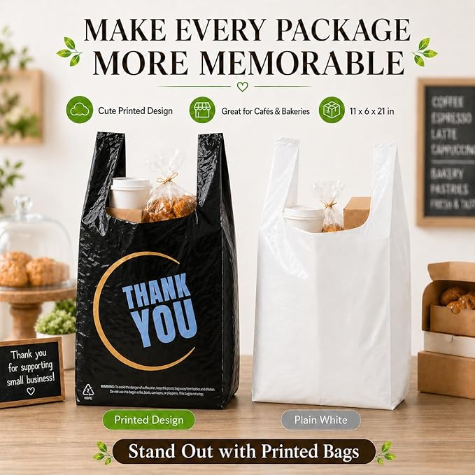 YoYoRain Black Thank you T shirt bag, Grocery shopping bag Reusable and Disposable Supermarket Bag 11''x6''x21'' 300PCS