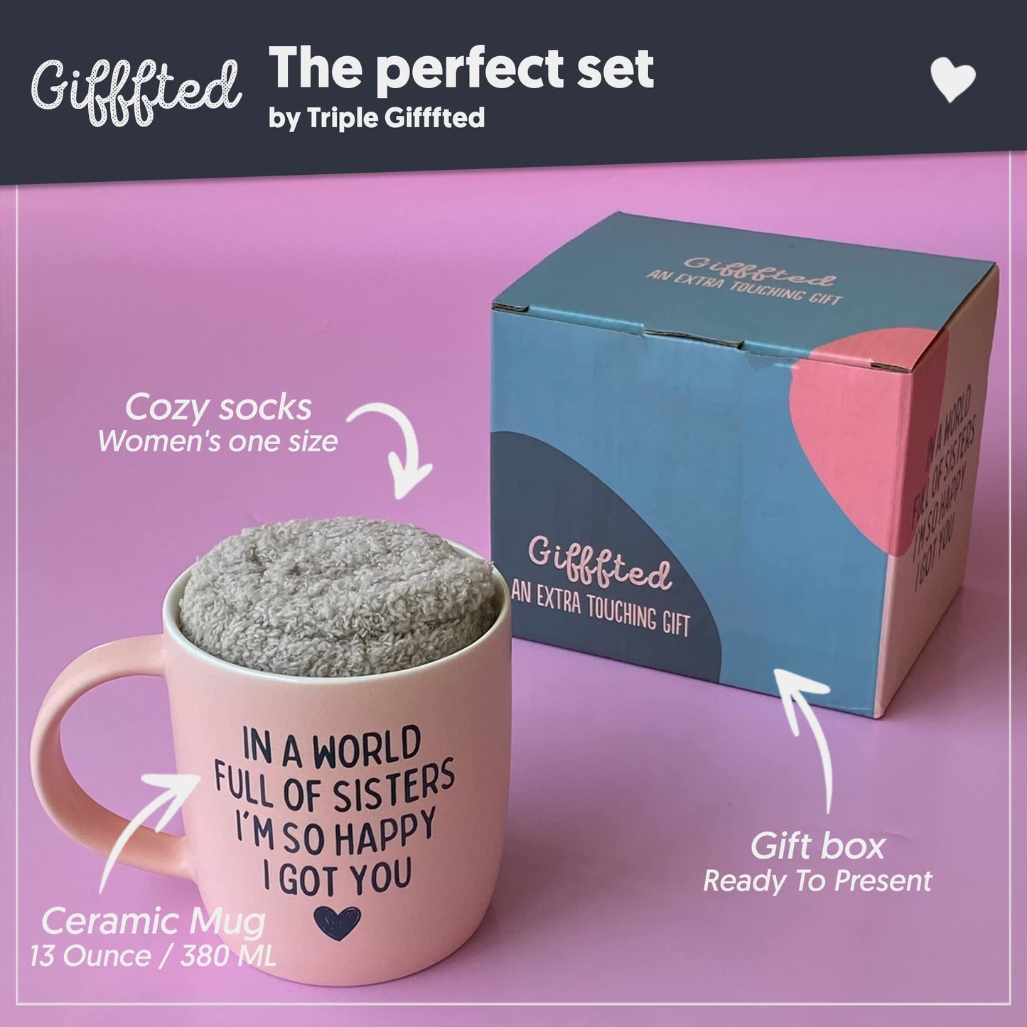 Triple Gifffted Best Sister Ever Coffee Mug & Socks, Gifts for Little Big Sisters from Brother, Birthday Presents Ideas, Valentines, Mothers Day, Christmas, to younger older sibling, Ceramic Cup 380ML