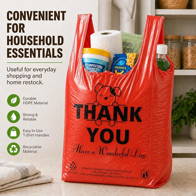 YoYoRain Red Thank you T shirt bag, Grocery shopping bag Reusable and Disposable Supermarket Bag 11''x6''x21'' 100PCS