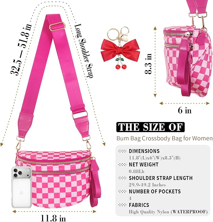 Checkered Crossbody Bag for Women, Spacious Sling & Stylish Bum Bag for Travel, Concerts, Festival, Nylon Fanny Pack Belt Bag (Colour Bum Bag-Rose Checkered)