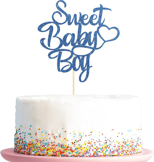 Sweet Baby Boy Cake Topper Baby Shower Newborn Gender Reveal Party Decoration It's a Boy Patry Supplies Blue Glitter