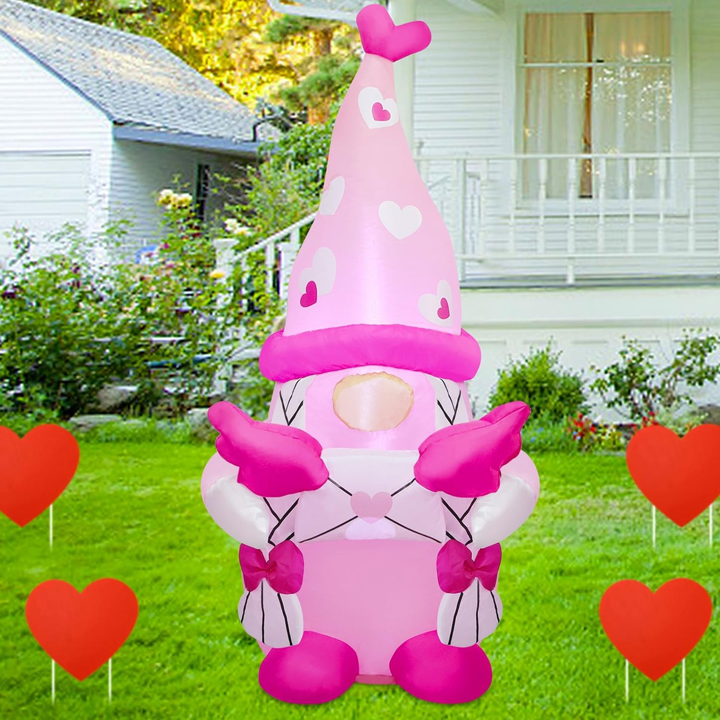 Juegoal Valentine Inflatable Pink Gnome, 4 FT Lighted Blow Up Girl Swedish Gnomes, Indoor Outdoor Valentines Wedding Xmas Decor, Built in LED Light Up Holiday Lawn Yard Garden Decorations