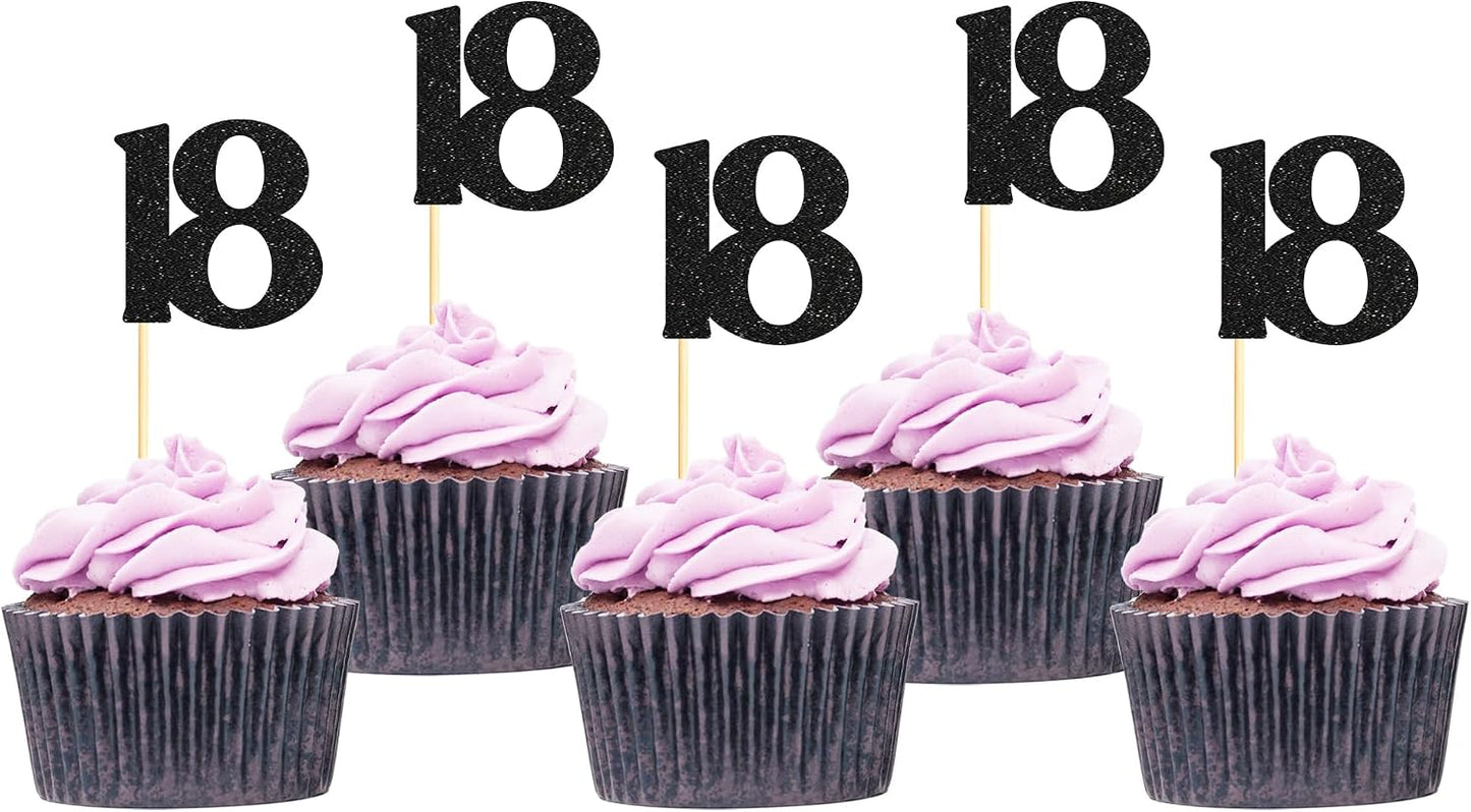 Sotpot 30 Pack Happy 18th Cupcake Toppers 18 Birthday Cake Decorations for 18th Birthday Wedding Anniversary Party Supplies Black Glitter