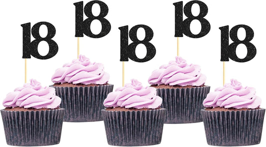 Sotpot 30 Pack Happy 18th Cupcake Toppers 18 Birthday Cake Decorations for 18th Birthday Wedding Anniversary Party Supplies Black Glitter