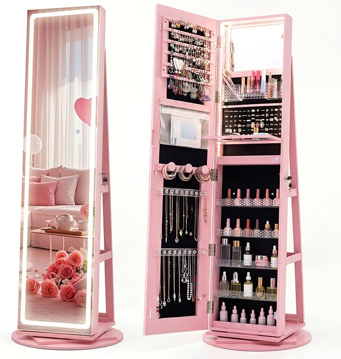 CHARMAID 360Â° Rotating Jewelry Armoire with LED Lighted Full Length Mirror & Built-in Vanity Mirror, Lockable Standing Jewelry Cabinet with Lights, Large Storage Organizer for Jewelry (Pink)