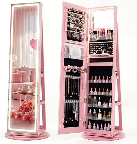 CHARMAID 360Â° Rotating Jewelry Armoire with LED Lighted Full Length Mirror & Built-in Vanity Mirror, Lockable Standing Jewelry Cabinet with Lights, Large Storage Organizer for Jewelry (Pink)
