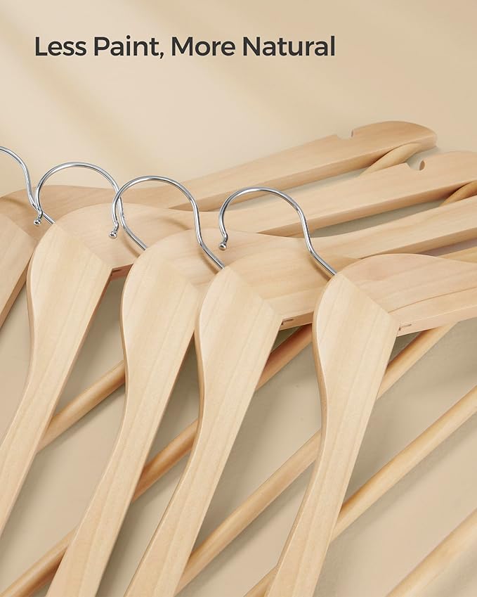SONGMICS Wooden Hangers, Pack of 24, Coat Hangers, Non-Slip, Pants Bar, 360° Swivel Hooks, for Jackets, Shirts, Coats, Natural Wood UCRW010N24