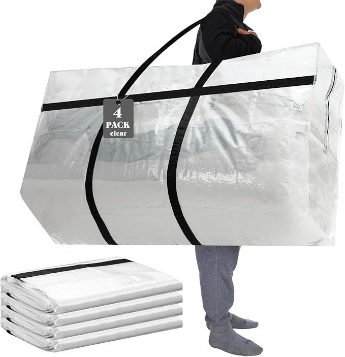 4 Pcs 96 Gallon Extra Large Moving Bags Heavy Duty Storage Bag with Strong Zipper Handle Foldable XXL Jumbo Storage Tote Packing Moving Box for College Dorm Travel Cloth Duffle (Clear)