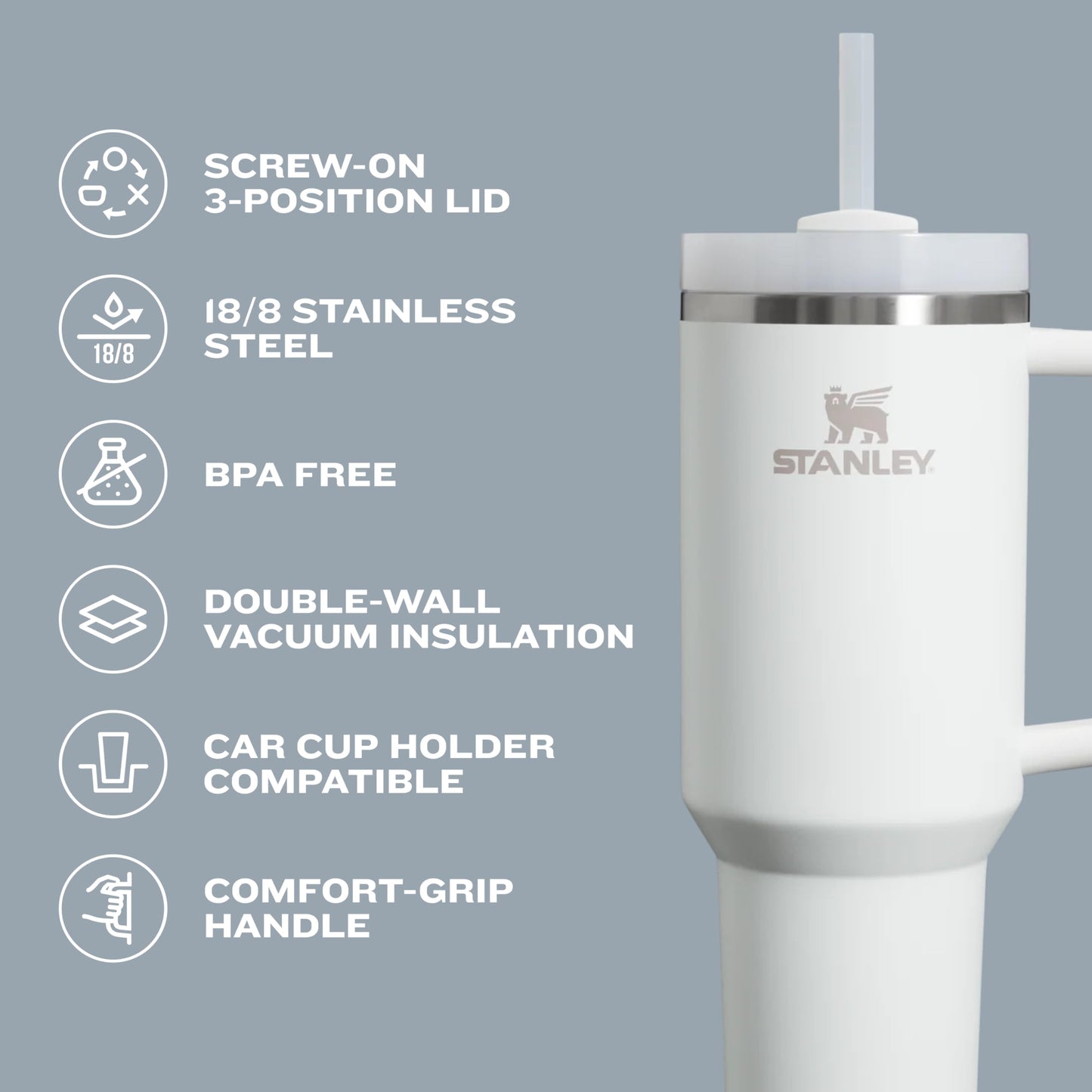 STANLEY Quencher H2.0 Tumbler with Handle and Straw 30 oz | Flowstate 3-Position Lid | Cup Holder Compatible for Travel | Insulated Stainless Steel Cup | BPA-Free | Lilac