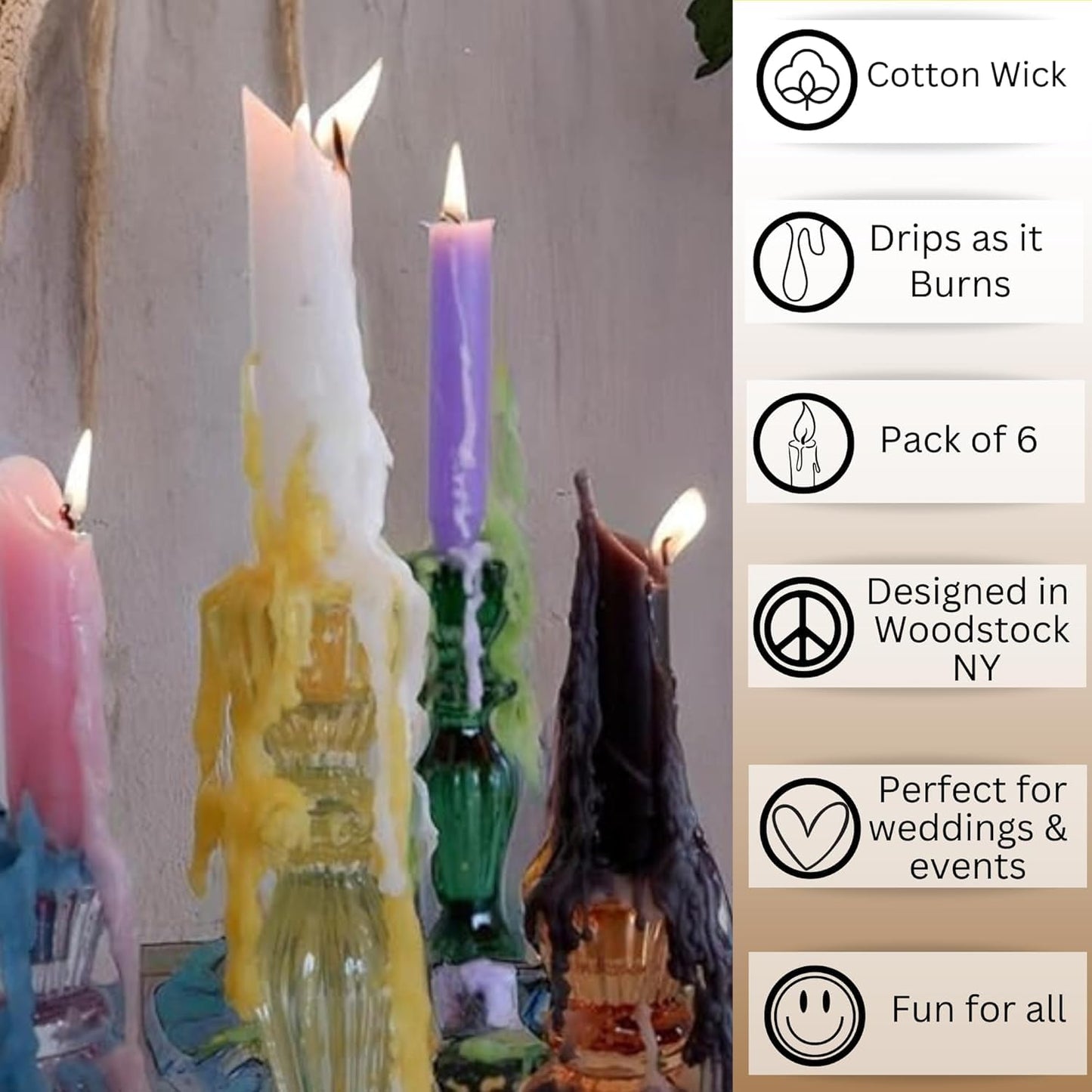 Candlestock Hippie Drippy Drip Candles - Pack of 6 Dripping Tapers - Wine Bottle Melting Candles (Black)