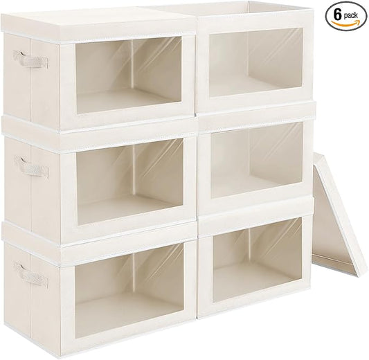 Large Storage Bins with Lids - Fabric Storage Cubes with Window, Collapsible Bins for Clothes, 15.7 Inch Large Baskets for Bedroom, Dorm, Office, Beige, 6 Pack