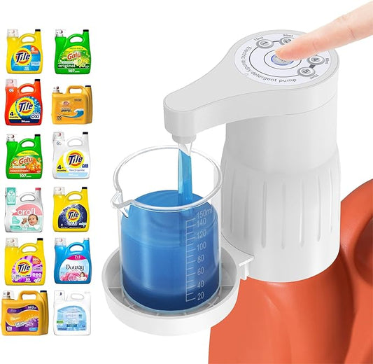 Electric Laundry Detergent Pump - Reusable Laundry Detergent Dispenser with Graduated Cup for Liquid Detergent, USB Rechargeable, Ideal for Laundry Room Organization (White)