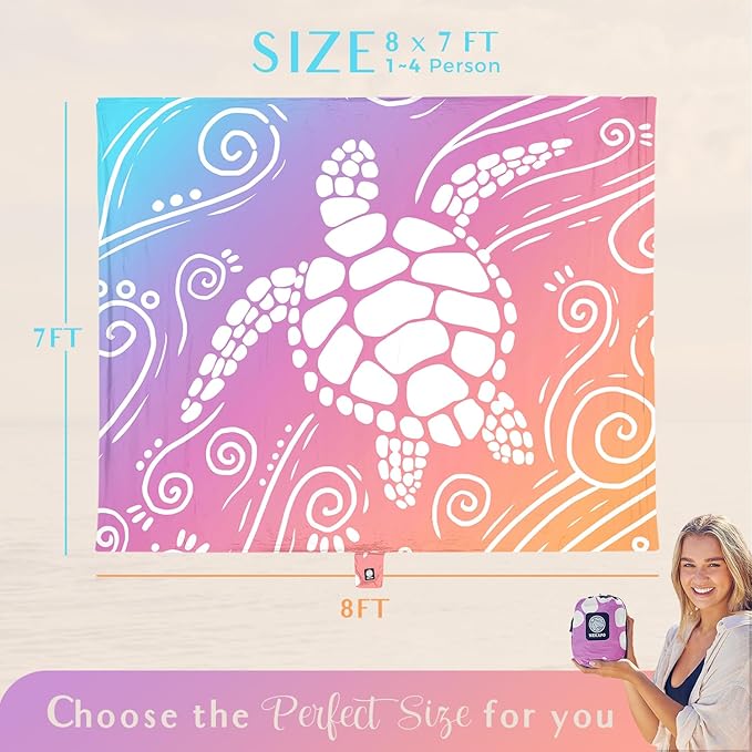 WEKAPO Beach Blanket Waterproof Sandproof Oversized Extra Large Sand Free Beach Mat with Stakes, Storage Bag - Essentials for Outdoor Beach, Picnic (Pinkish Purple Sea Turtle, 8 X 7 FT (1~4 Person))