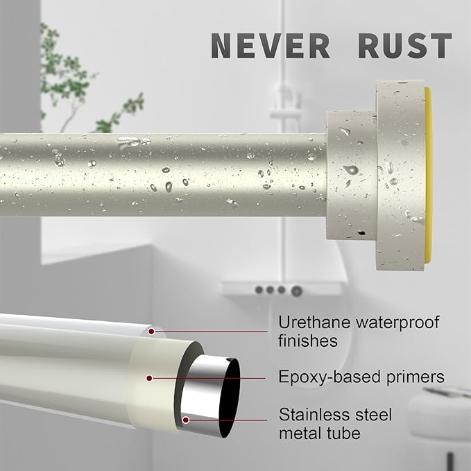 Thestoa Brushed Nickel Shower Curtain Rod Adjustable 43-66 inch, 1"Diameter Spring Tension Curtain Rod No Drill, Anti-Rust Non-Slip Shower Rod for Bathroom Tension Rod