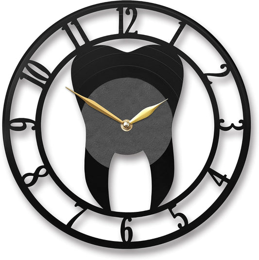 Dental Wall Clock – Tooth Design for Dental Office, Unique Dental Decor for Home & Office, Dentist Gift Idea, Black (12" Vinyl Record (Without Backlight))