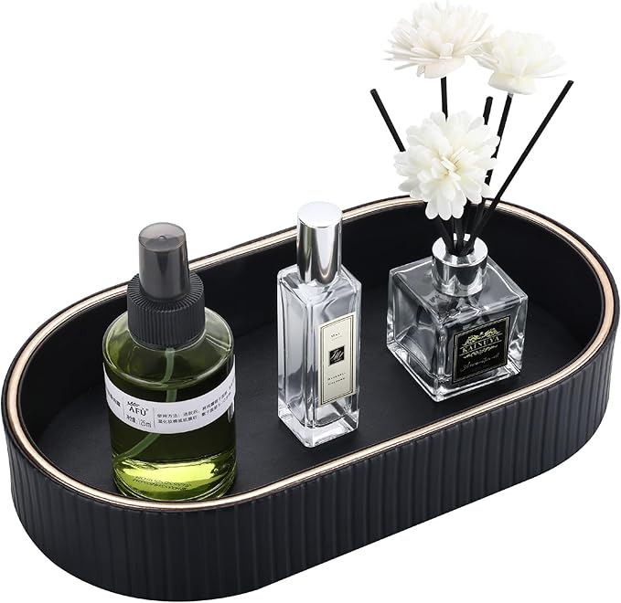 GORESE PU Leather Valet Tray Nightstand Organizer, Oval Perfume Trays Key Bowl Jewelry Dish for Bedside Dresser Entryway Table, Vanity Tray for Bathroom, EDC Trays for Men Women, 11Ã5.9 in, Black
