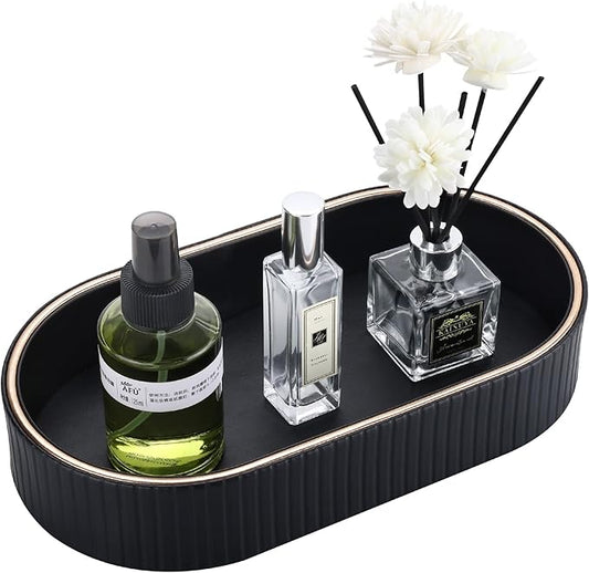 GORESE PU Leather Valet Tray Nightstand Organizer, Oval Perfume Trays Key Bowl Jewelry Dish for Bedside Dresser Entryway Table, Vanity Tray for Bathroom, EDC Trays for Men Women, 11Ã5.9 in, Black