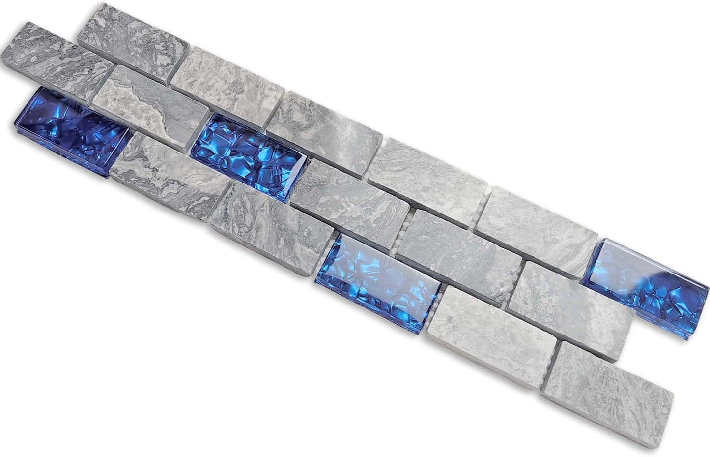 Hominter Blue Crystal Glass & Gray Stone Mosaic 1x2 Subway Tile, Natural Veining Polished Marble for Kitchen Backsplashes, Accent Walls and Bathroom Shower Tiles (3x12 Sample)