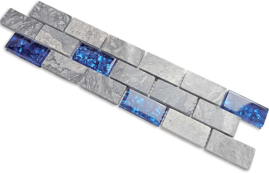 Hominter Blue Crystal Glass & Gray Stone Mosaic 1x2 Subway Tile, Natural Veining Polished Marble for Kitchen Backsplashes, Accent Walls and Bathroom Shower Tiles (3x12 Sample)