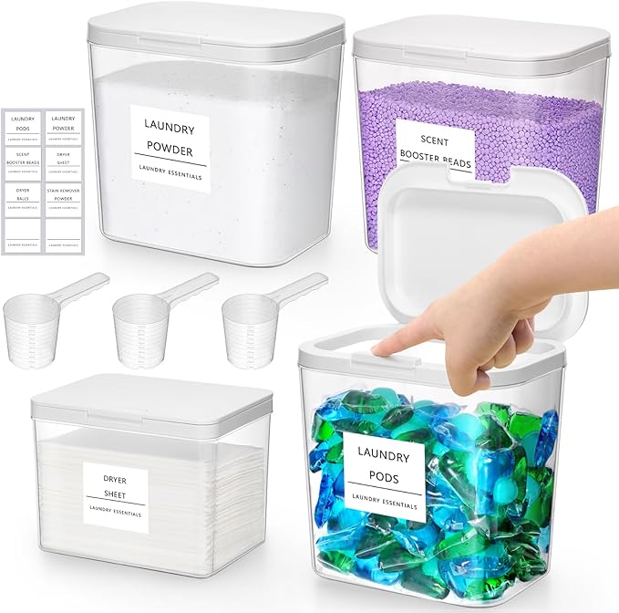 Lifewit Large Laundry Pods Container& Dryer Sheet Holder, Plastic Detergent Dispenser, Laundry Room Organization Storage Jars for Powder, Soap, Scent Booster Beads,Plastic Lid,0.53+0.7 gal,4 Pcs