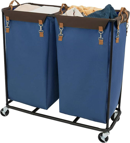 StorageWorks 390L Extra Large Laundry Hamper with Wheels, Laundry Basket with Wheels 2 Sections, Clothes Sorter Cart with Divider for Hotel, Home, Blue, 1-Pack