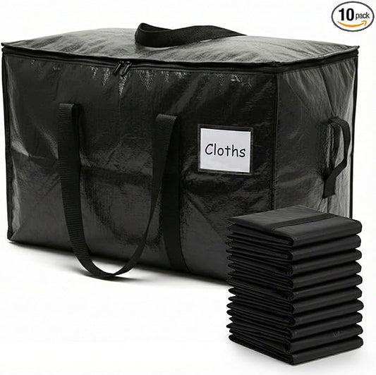 HOLDNâ STORAGE Extra Large Moving Storage Bag with Zipper Lid, Heavy Duty Reusable Tote for Clothes, Bedding, Books, Dorm & Home, Pack of 10 (Extra Large)