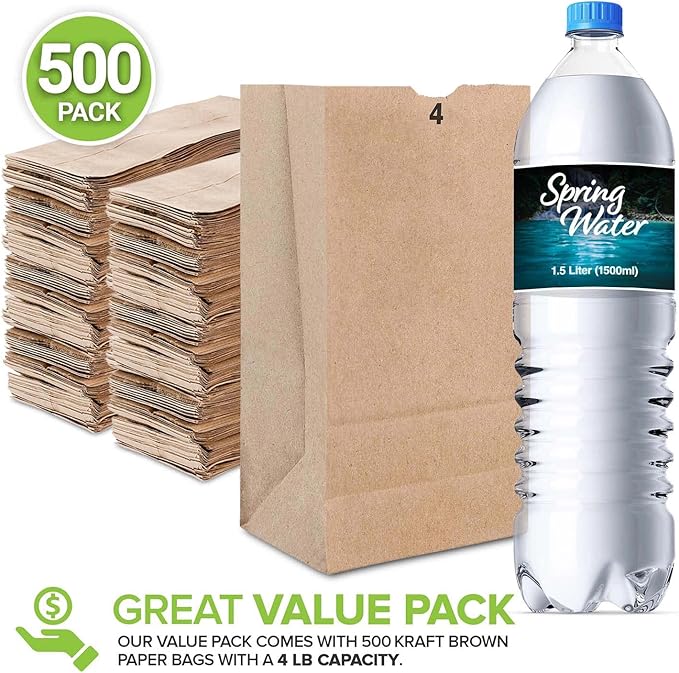 Stock Your Home 4 Lb Kraft Brown Paper Lunch Bags (500 Count) - Bulk Disposable Lunch Sacks, Small Size Blank Bag for Kids, Good for a Snack, Sandwich, Grocery Food, and Arts & Crafts Projects