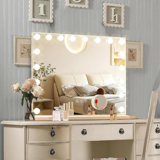 Hollywood Vanity Mirror with Lights, 18 Dimmable Bulbs, 3 Color Lights,Make Up Lighted Mirror, Aluminum Metal Frame, USB Charging Portï¼32" x 24"ï¼