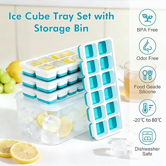 NFK Ice Cube Tray with Lid & Bin - 4 Pack Stackable Silicone Trays for Freezer with Storage Container, Leak-Proof Lids, BPA-Free, Easy Release for Kitchen, RV, Cocktail, Party, Coffee & Drinks