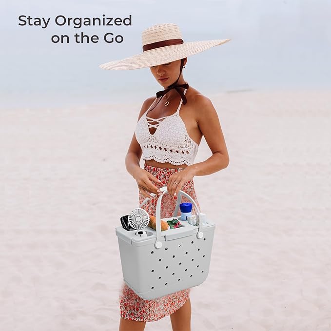 Tote Topper Tray Accessories for Bogg Bag Large Only – Waterproof EVA Table Top Organizer Lid with Cup Holder, Snack, Phone & Drink Holders for Beach, Pool, Picnic, Travel (Gray)
