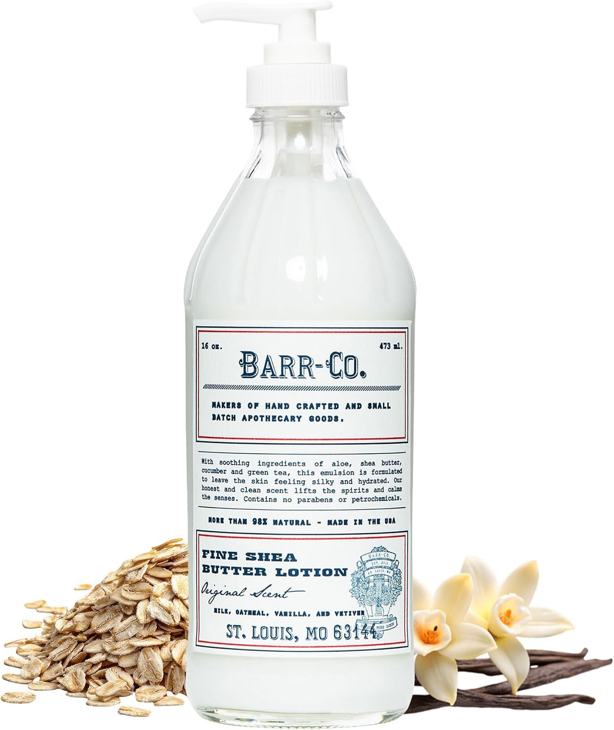 BARR-CO. Original Scent Shea Butter Lotion, Tranquil and Comforting Milky Scent with Oat, Vanilla & Vetiver, Shea Moisturizing Lotion for Sensitive Skin, 16 fl oz