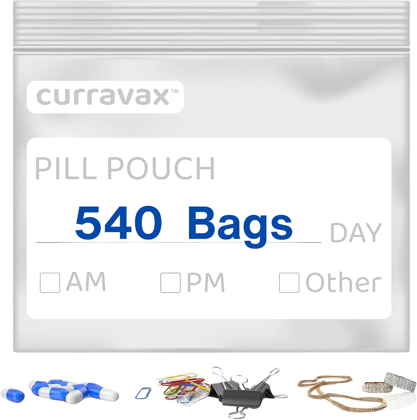 Pill Bags for Travel Pill Pouch Organizer Pack of 540 BPA Free 3 x 2.75 inch Pill Pouches for Medicine Reusable with Write on Label & Waterproof Zipper Seal AM PM Pill Baggies for Vitamins by CURRAVAX