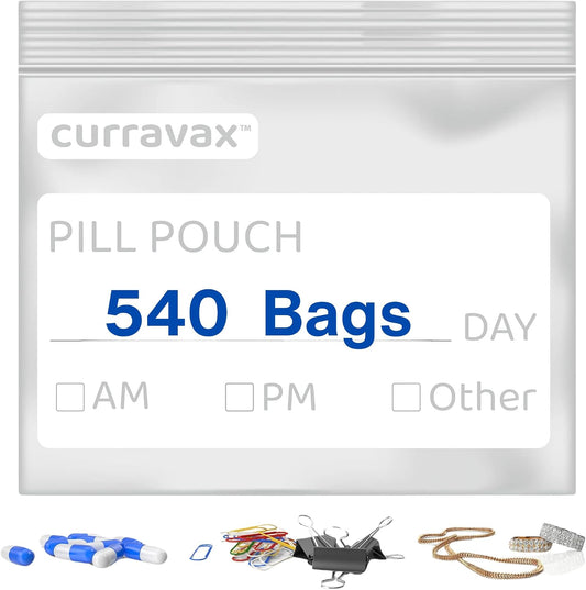 Pill Bags for Travel Pill Pouch Organizer Pack of 540 BPA Free 3 x 2.75 inch Pill Pouches for Medicine Reusable with Write on Label & Waterproof Zipper Seal AM PM Pill Baggies for Vitamins by CURRAVAX