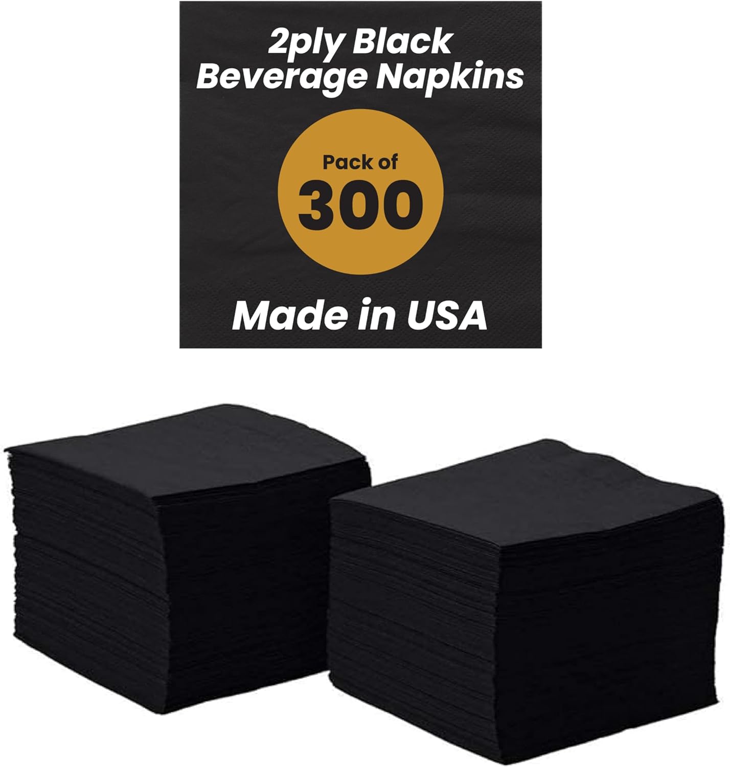 Perfectware 2ply Black Beverage Napkins. 300 Count 2Ply Cocktail Napkins. 10 x 10 Black Beverage Napkin.