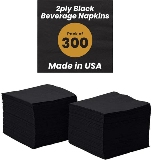 Perfectware 2ply Black Beverage Napkins. 300 Count 2Ply Cocktail Napkins. 10 x 10 Black Beverage Napkin.