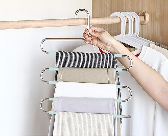 Devesanter Space-Saving Non-Slip S-Shape Trousers Hangers - 6 Pack Stainless Steel Closet Storage Organizer for Pants, Jeans & Scarves - Green
