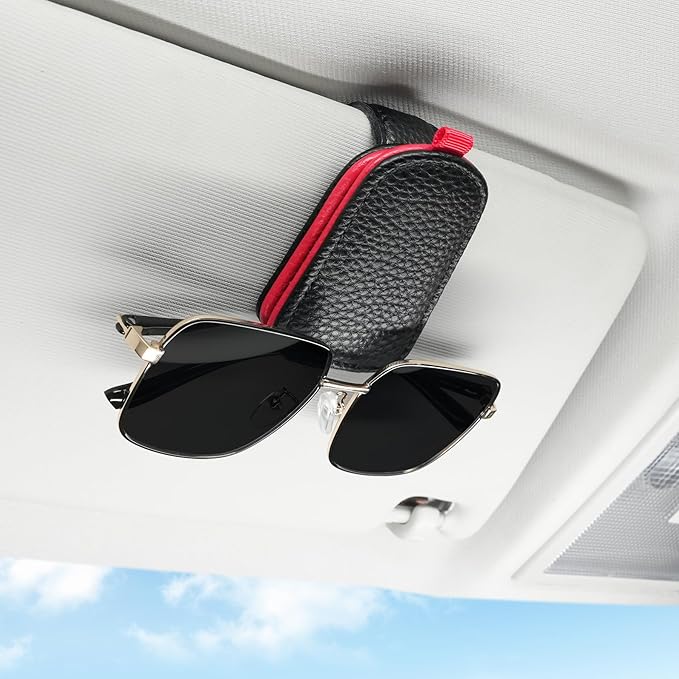 SINGARO Sunglasses Holder for Car, Leather Magnetic Buckle Sun Visor Sunglass Clip, Ticket Card Storage Glasses Clip, Car Interior Accessories for Men and Women（Black-red）